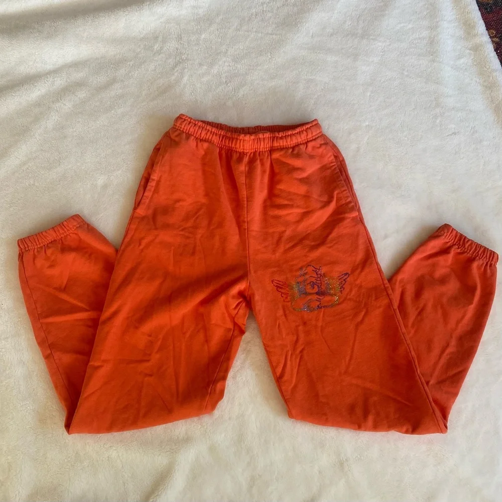 1-800-BOYS-LIE Orange 100% Cotton Sweatpants w/ Rainbow Angel Sequin Bling M - Picture 6 of 15